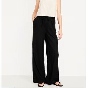 Black High-Waisted Linen-Blend Super Wide-Leg Pants